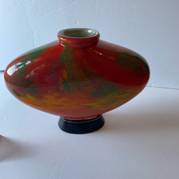 Dale Tiffany Hand Blown Art Glass Vintage Vase 7” Orange Green Yellow Decor - Picture 5 of 9